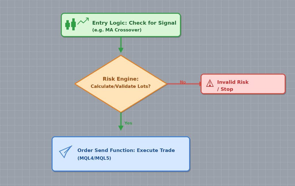 Grid vs Martingale vs Fixed-Lot risk engine flowchart logic